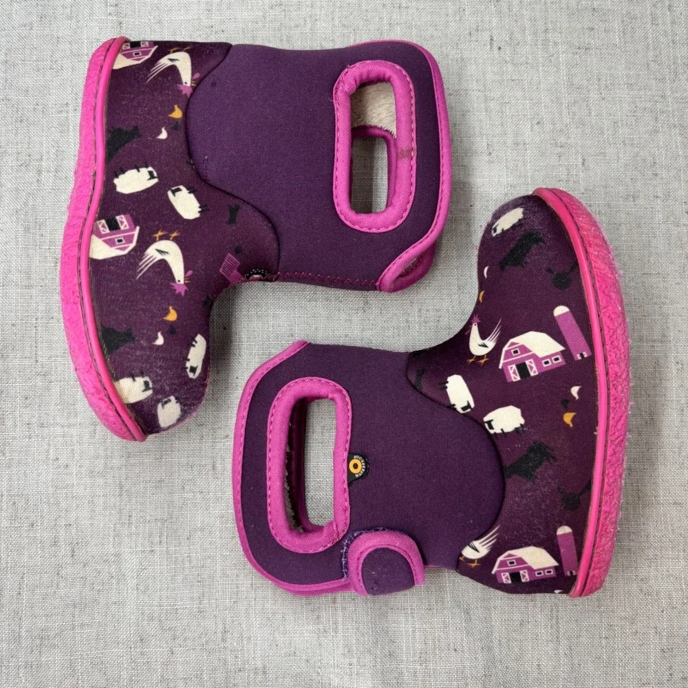 Bogs Baby Boots Purple Pink Farm Animal Print Waterproof‎ Insulated Kids Size 7
